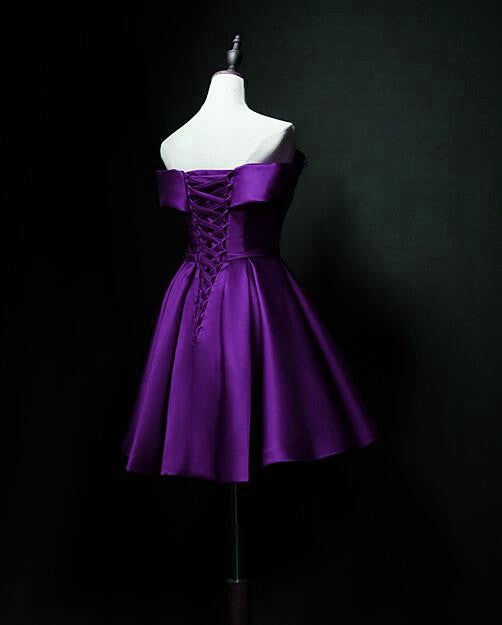 Cute Short Sweetheart Satin Off Shoulder Purple Short Prom Dresses       S2968