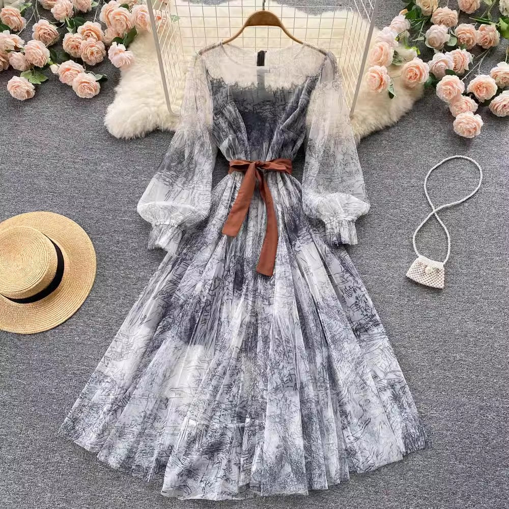 Puff Sleeve Dress Women's Print Sweet A-Line Skirt    S4661