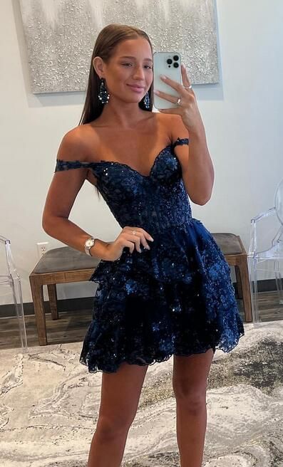 2023 Off the Shoulder Lace Homecoming Dress, Short Prom Dress    S2629