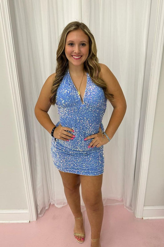 Light Blue Sequin Halter Bodycon Short Homecoming Gown     S3522