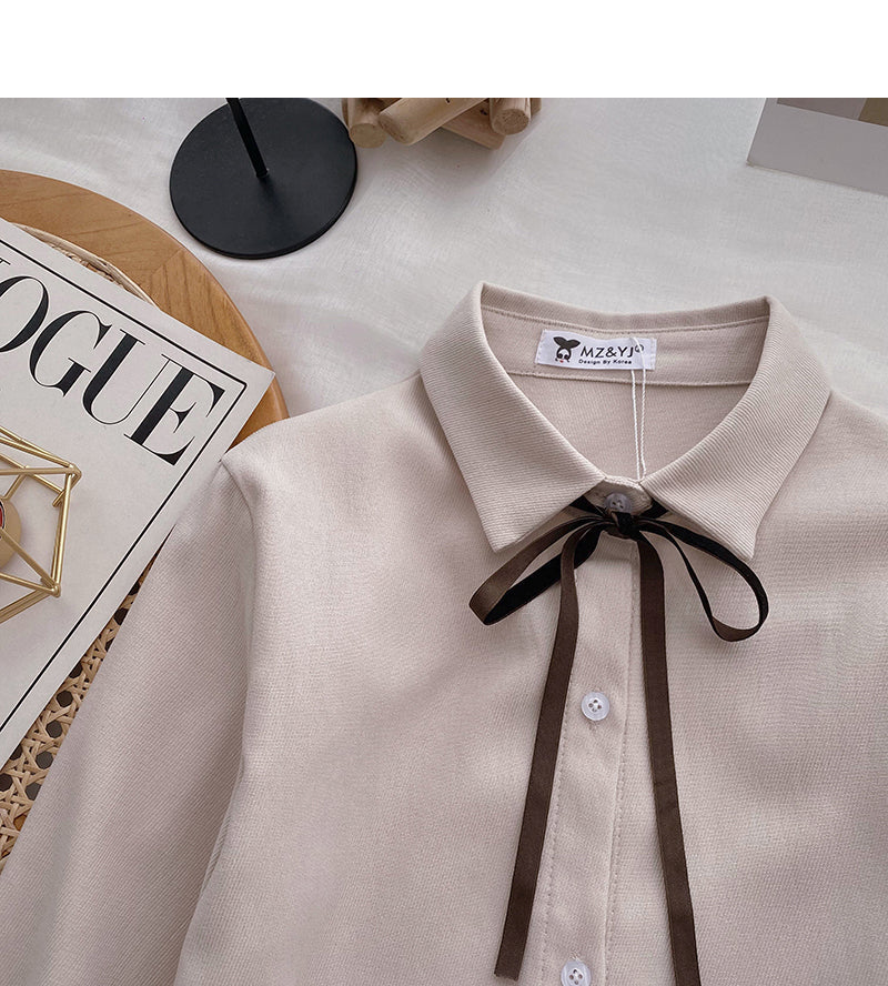 Collegiate lace up Lapel shirt casual long sleeve top     S2535