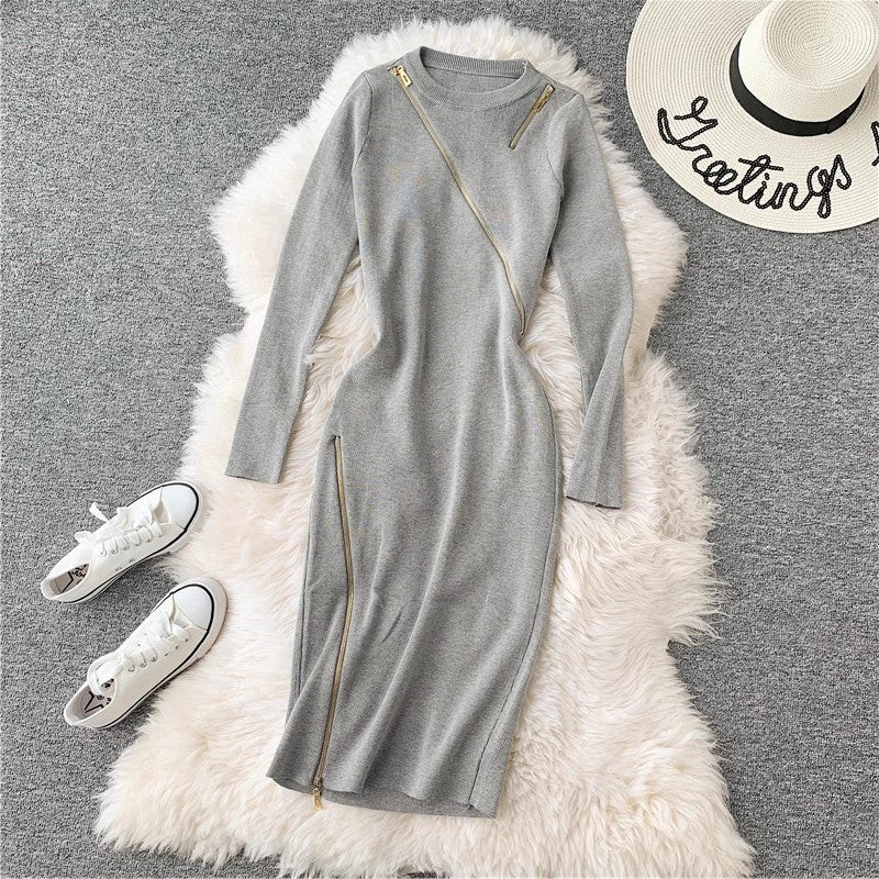 Round Neck Knitted Dress Women's Mid-Length Sweater Skirt Zipper Slit     S3911