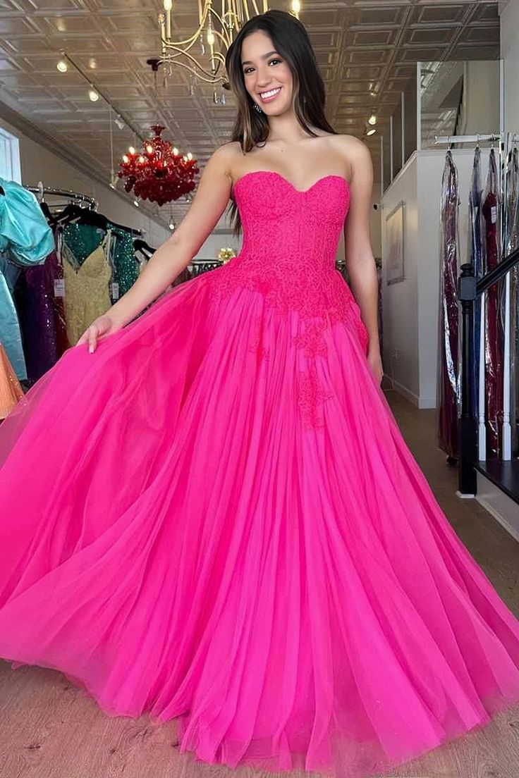 Hot Pink Tulle Sweetheart Appliques Prom Dress       S3491