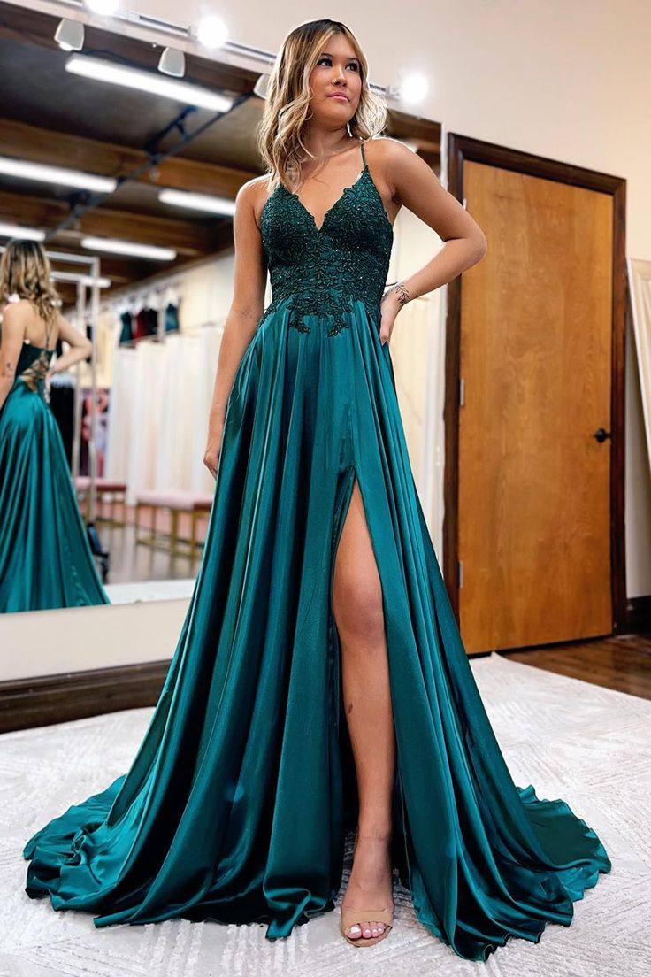 Women Dark Green Satin A-Line Appliques Prom Dress with Slit     S3649