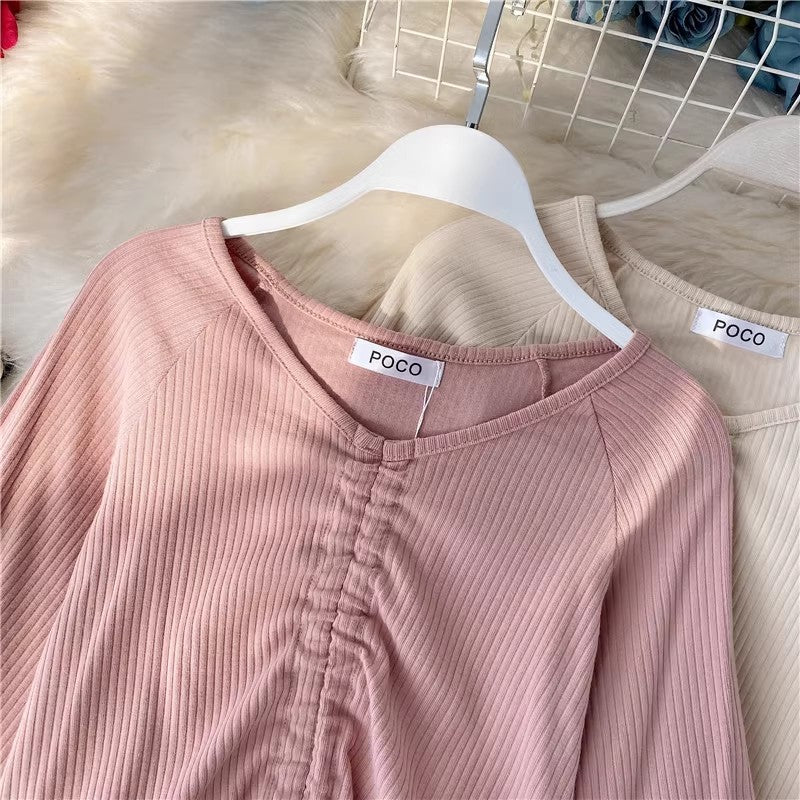 sexy short crop top design V-neck style long-sleeved T-shirt      S4129