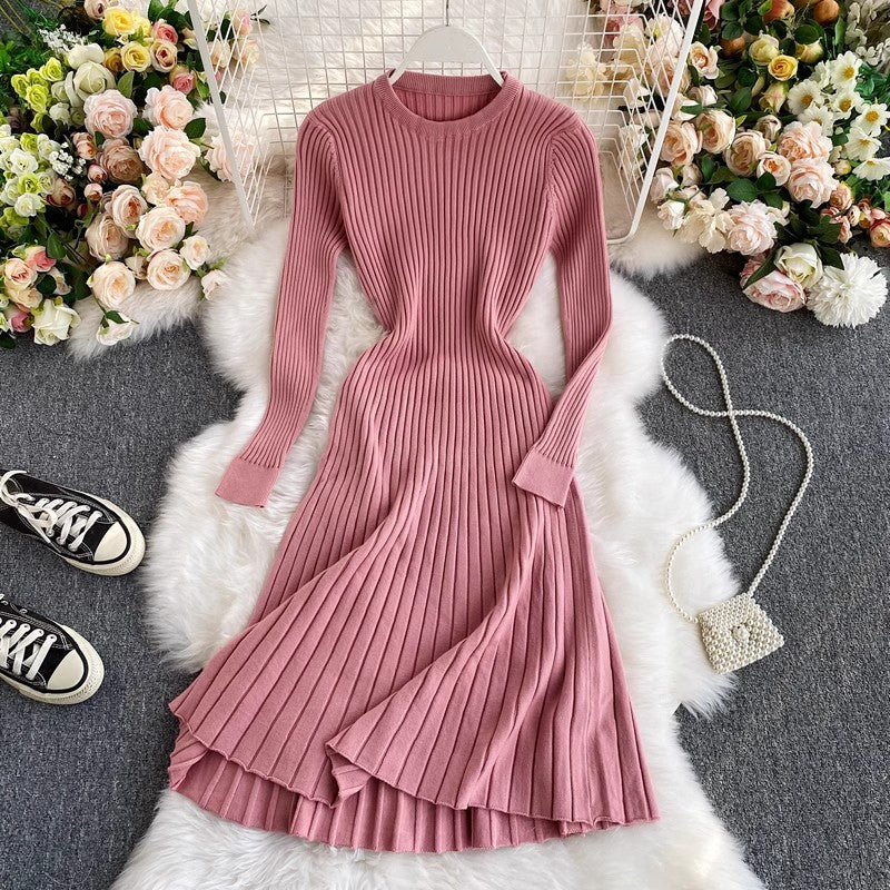 round neck knee-length knitted dress women's mid-length A-line sweater dress      S3942