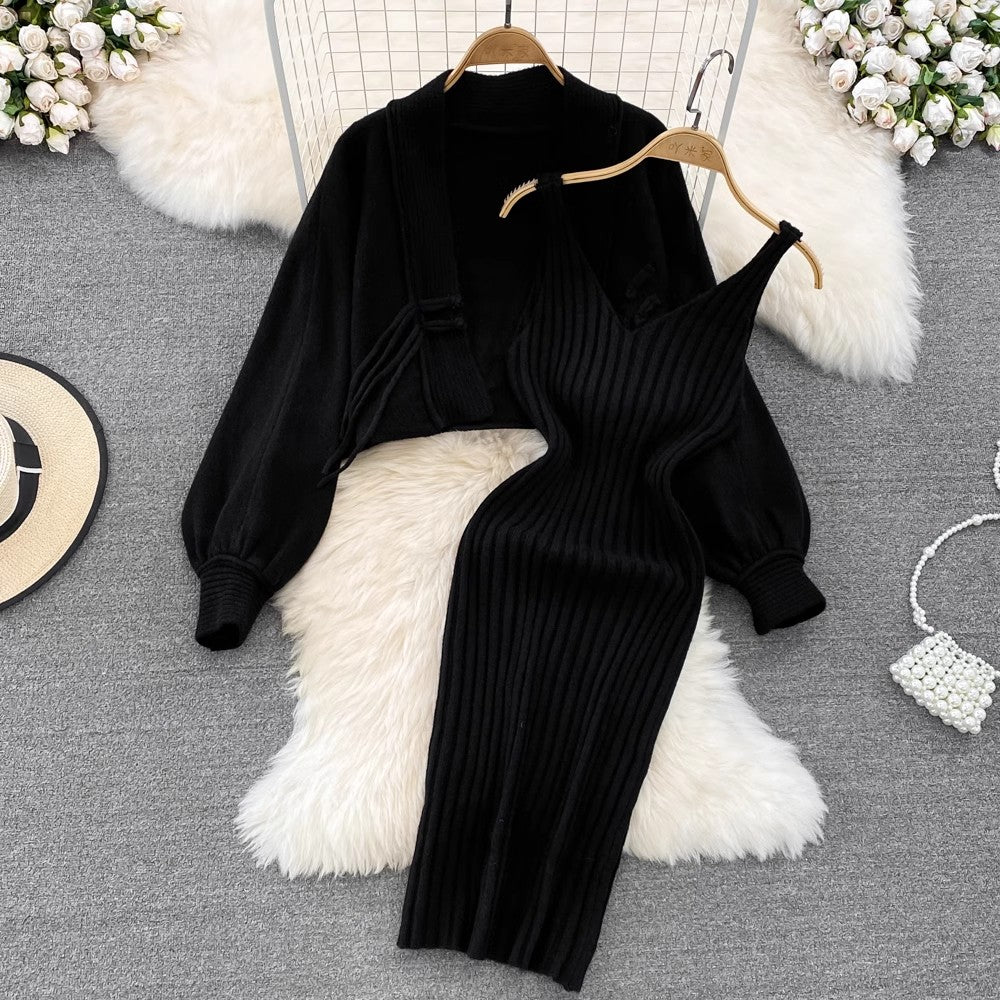 knitted shawl jacket two-piece set for women V-neck suspender dress       S4119