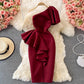 ruffled shoulder dress Female off-shoulder slit dress      S3906