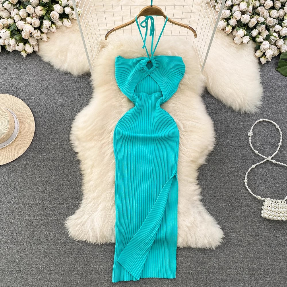 halter neck backless sleeveless mid-length slit knitted dress     S4091