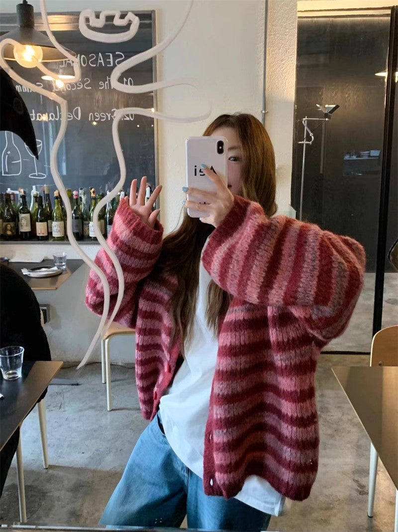 Sweet V-neck striped sweater coat long-sleeved knitted cardigan   S4769