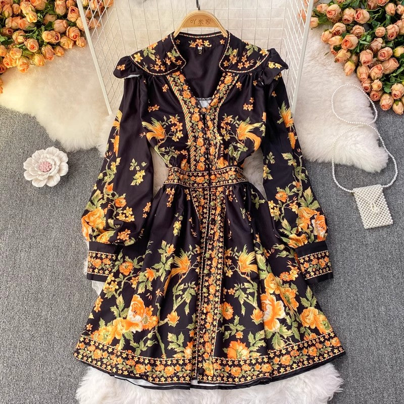 V-neck lantern sleeve printed A-line dress    S4429