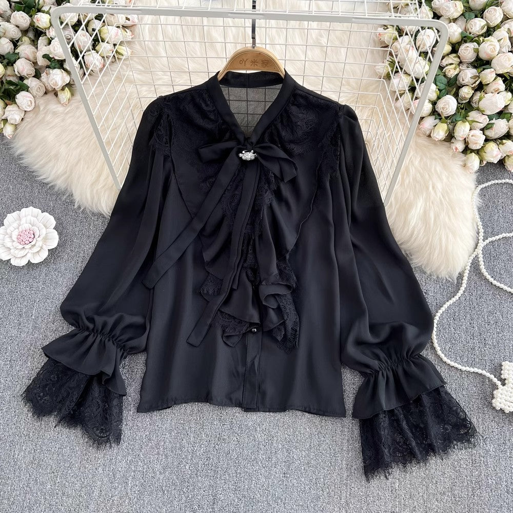 Lace Bell Sleeves Bow Tie Shirt Women's Fashionable Top     S4088