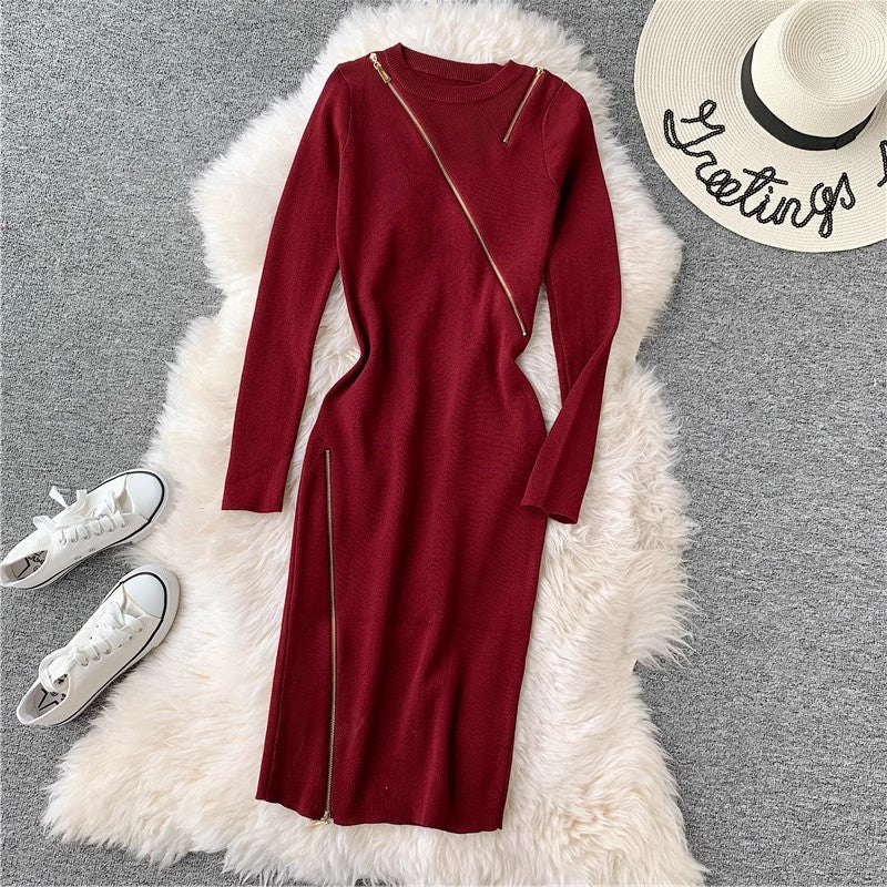 Round Neck Knitted Dress Women's Mid-Length Sweater Skirt Zipper Slit     S3911