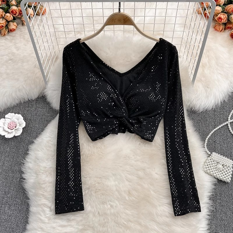 sequin V-neck pleated sexy shirt for women, fashionable short top    S4106