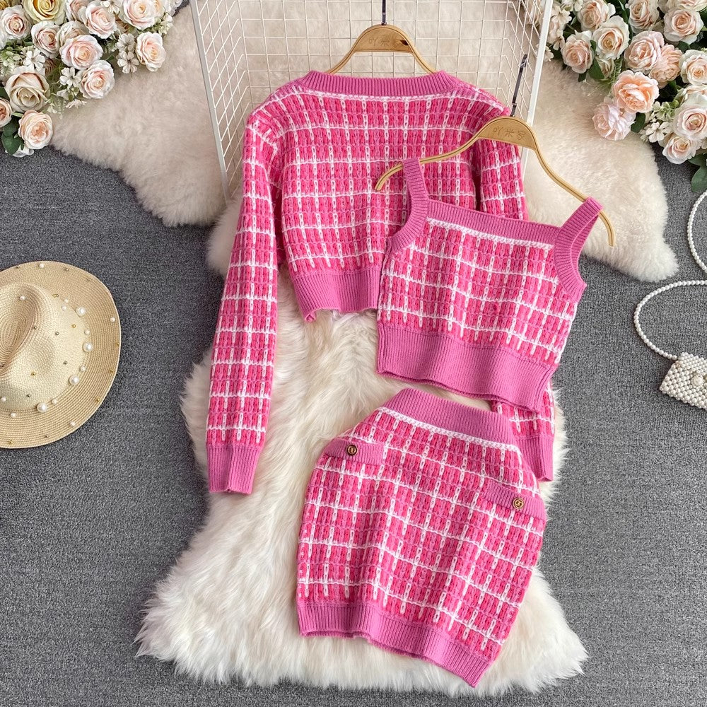 Fashion Women's Casual Round Neck Knitted Cardigan 3 set     S4035