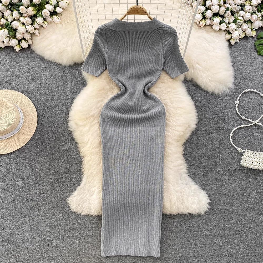 short-sleeved mid-length knitted dress for women     S4133