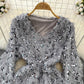 long-sleeved V-neck A-line sparkling sequined furry dress for women     S4336