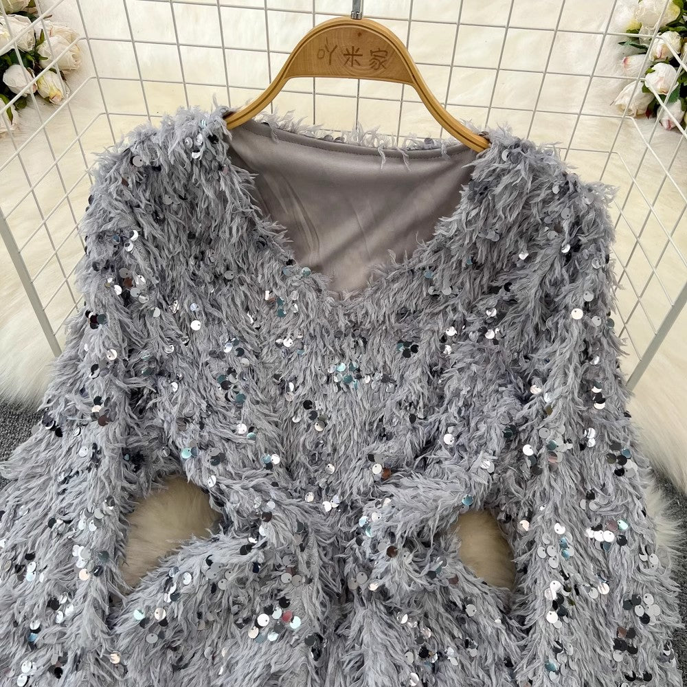 long-sleeved V-neck A-line sparkling sequined furry dress for women     S4336