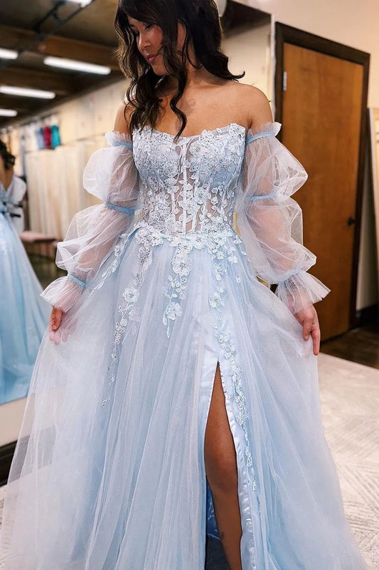 Light Blue A-Line Puff Sleeves Corset Long Prom Dress with Lace       S3730