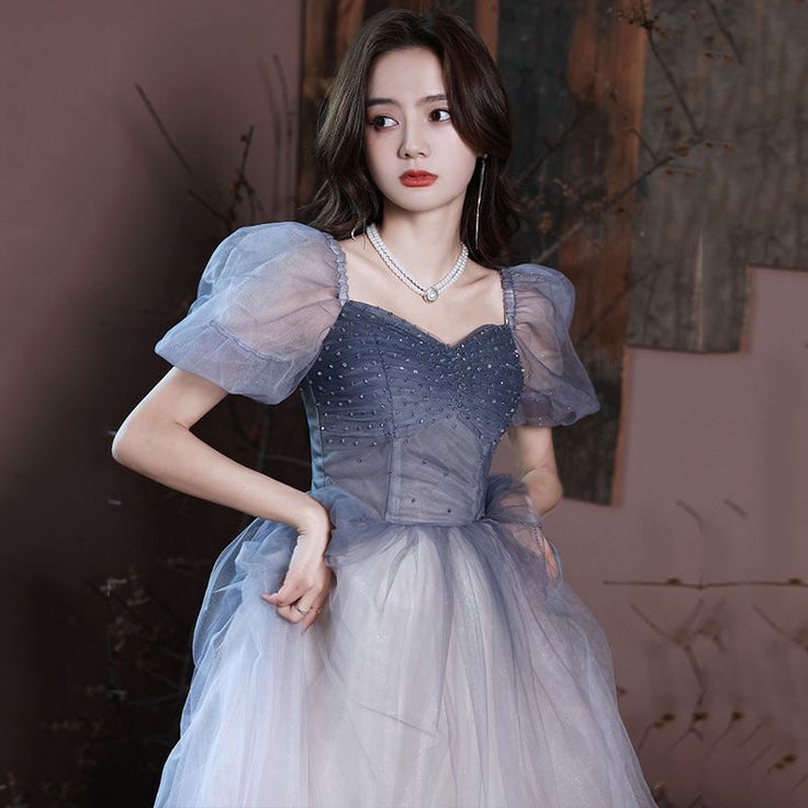 Gradient A Line Tulle Prom Dress Puff Sleeves Shiny Long Evening Dress  S3115