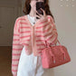 V-neck pink striped knitted cardigan jacket women's spring and autumn new sweater    S3385