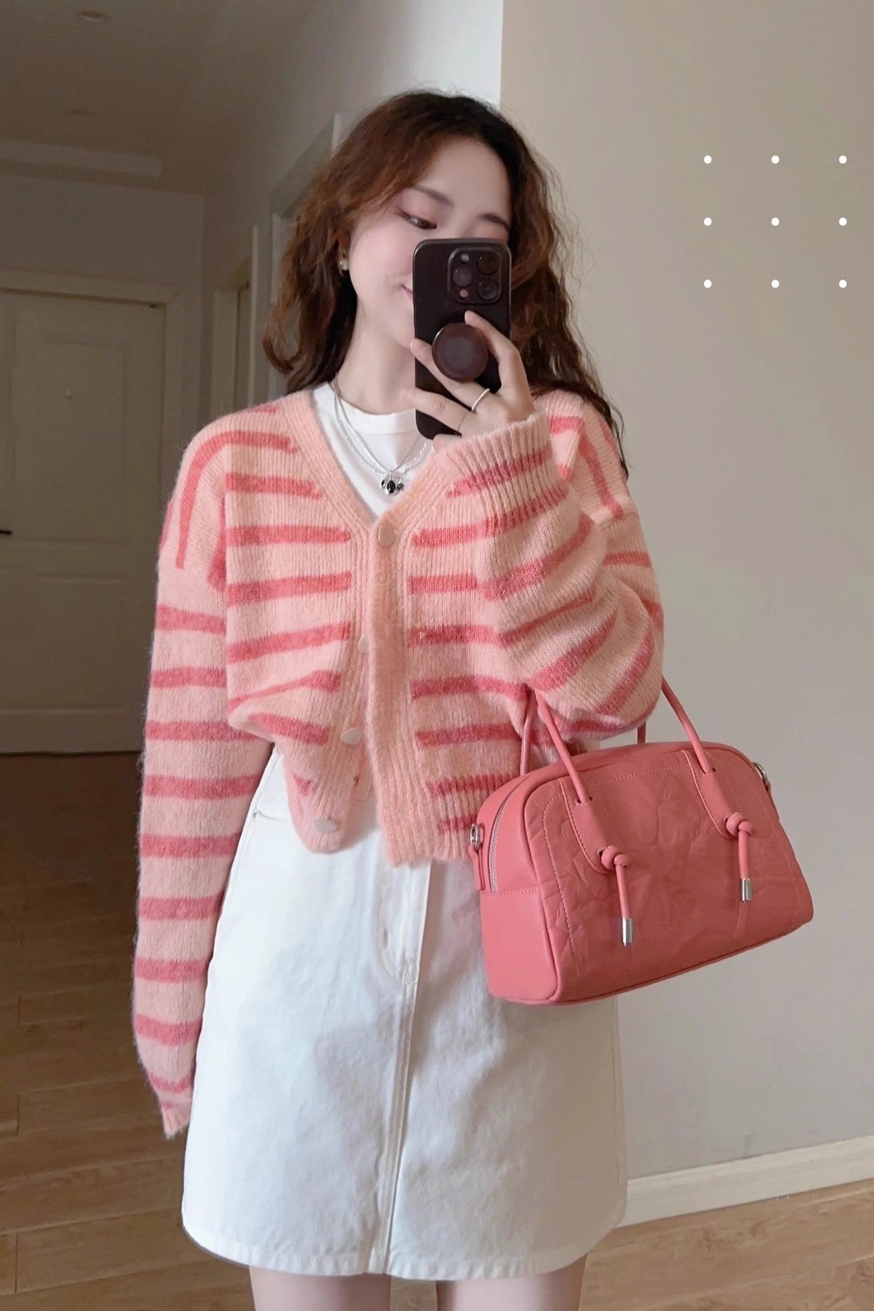 V-neck pink striped knitted cardigan jacket women's spring and autumn new sweater    S3385