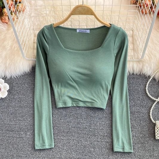 square collar t-shirt with chest pad for women short shirt top long sleeves      S3986