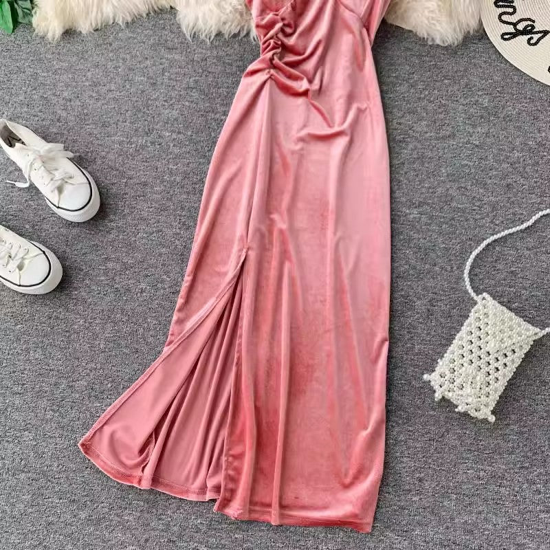 chic sexy velvet dress women's mid-length V-neck suspender skirt     S4340