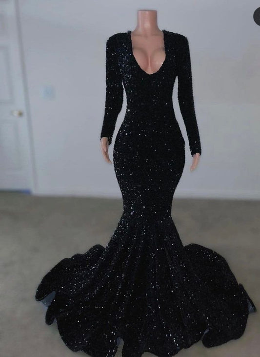 Black sequins slit dress , black gown , slit black gown   S3723