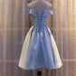 Light Blue Off Shoulder Satin Bridesmaid Dress, Blue Short Formal Dress       S3233
