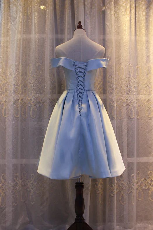 Light Blue Off Shoulder Satin Bridesmaid Dress, Blue Short Formal Dress       S3233