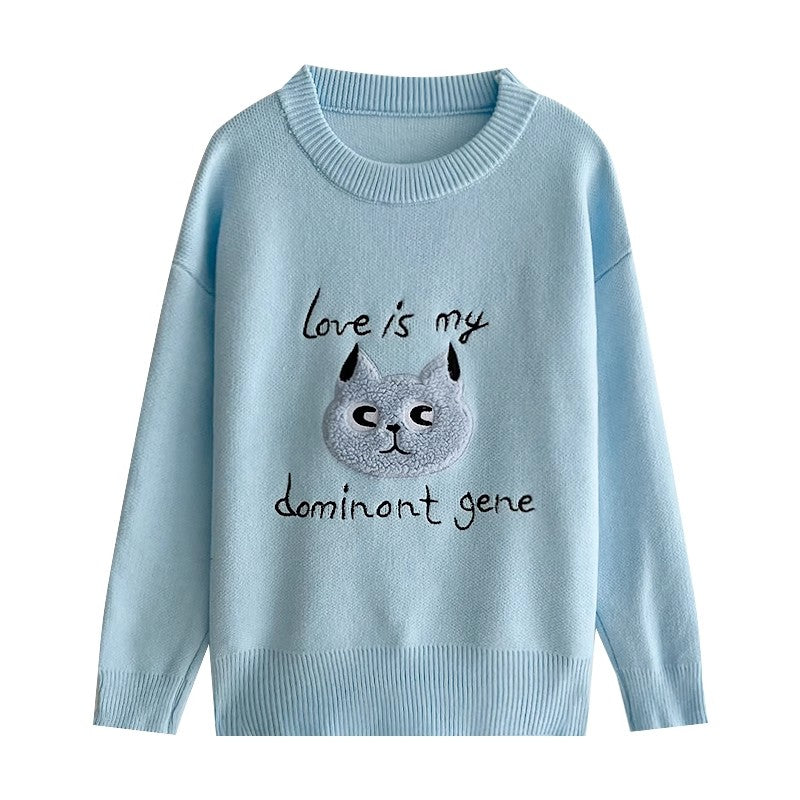 Sweet cute cat embroidery round neck casual long-sleeved sweater      S4787