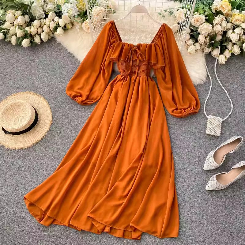 Chic Style Dress New Women's Square Neck Puff Sleeve Chiffon Skirt      S4597