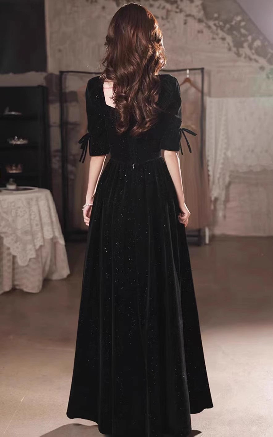 Black evening dress, velvet long style    S3470