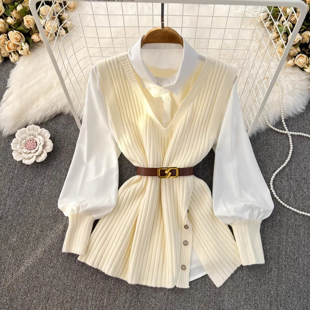 white shirt tops for women knitted vest two-piece set     S4047