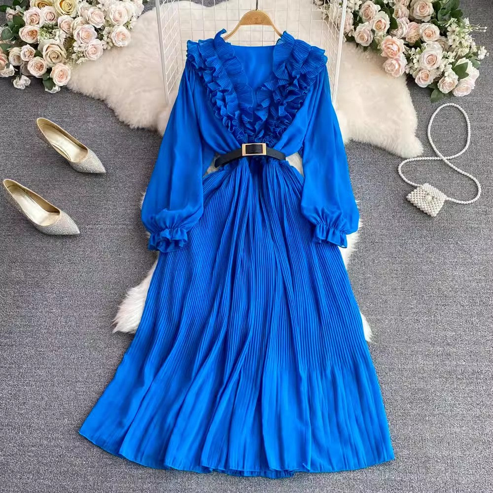 V-neck ruffled puff long-sleeved A-line pleated dress      S4301