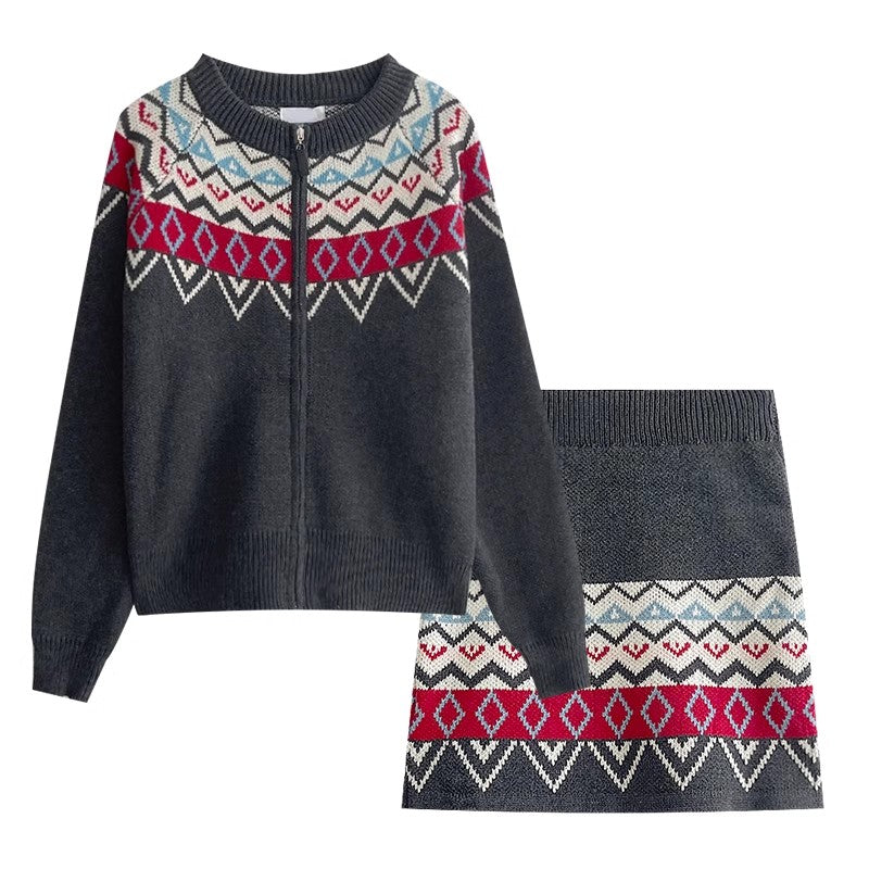 jacquard round neck long-sleeved sweater jacket + knitted skirt two-piece set     S4746