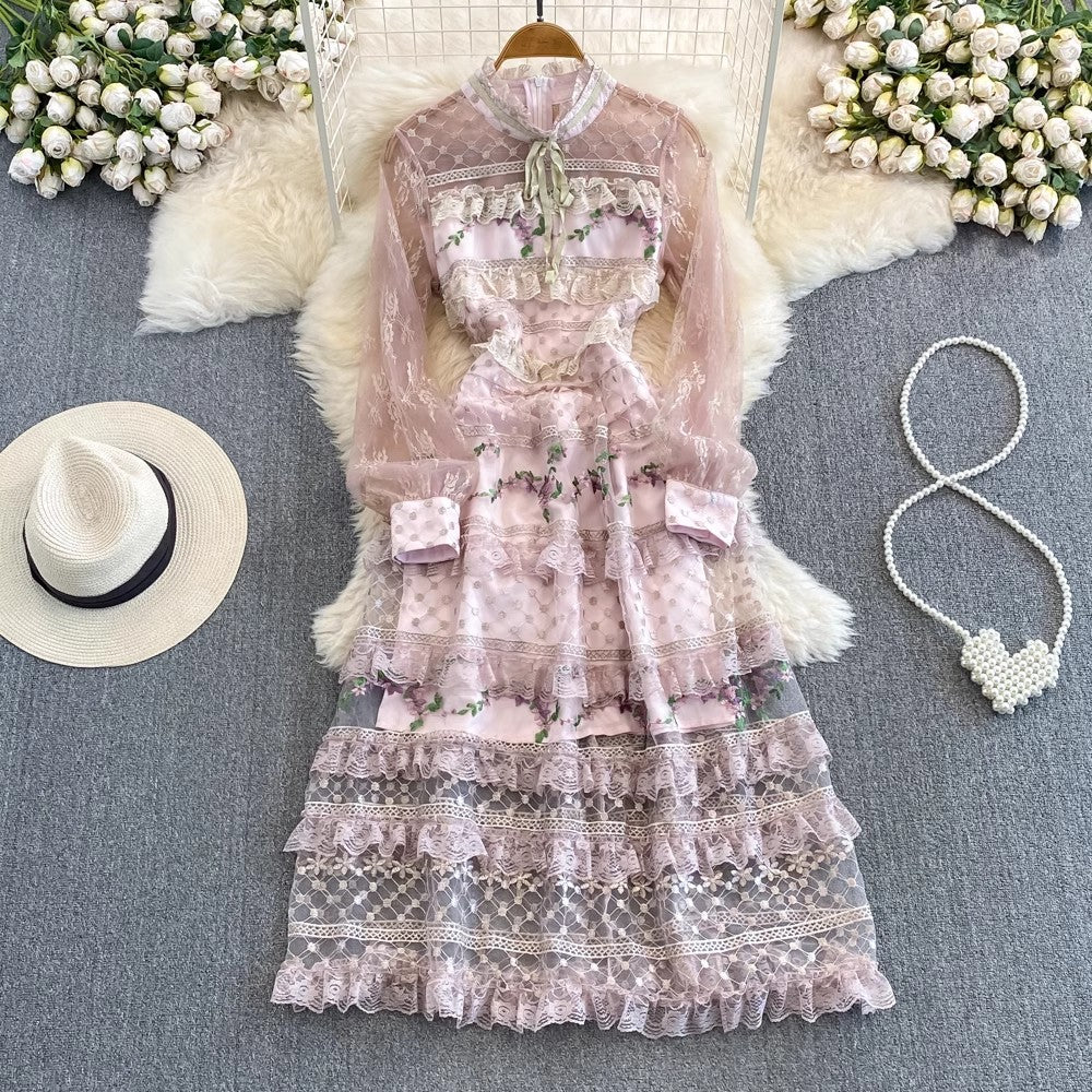 Fashionable long-sleeved A-line lace dress elegant long dress     S4403