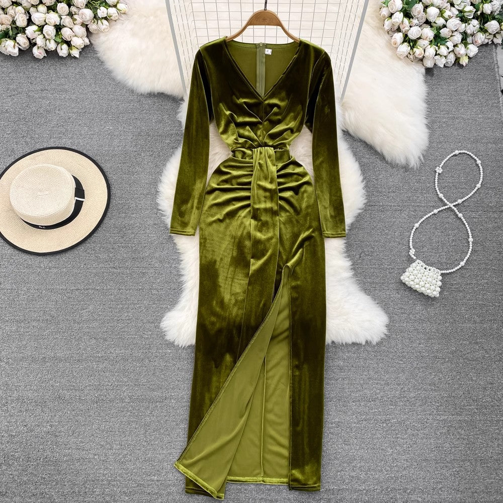 velvet dress v-neck long skirt     S4326