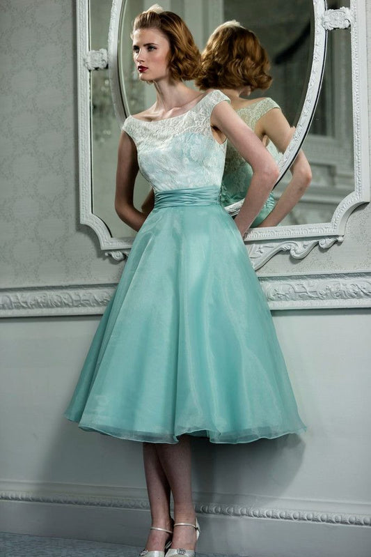 Retro Vintage Style Lace Organza Tea Length Wedding Prom Formal Dress     S2652