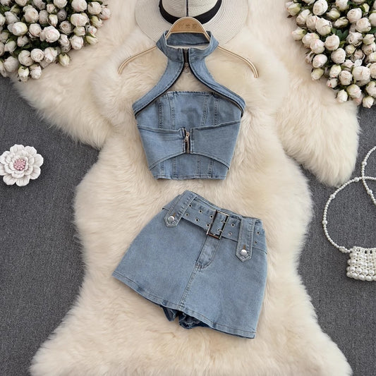 Hot girl fashion suit women's halter neck backless short denim top two-piece set      S4003