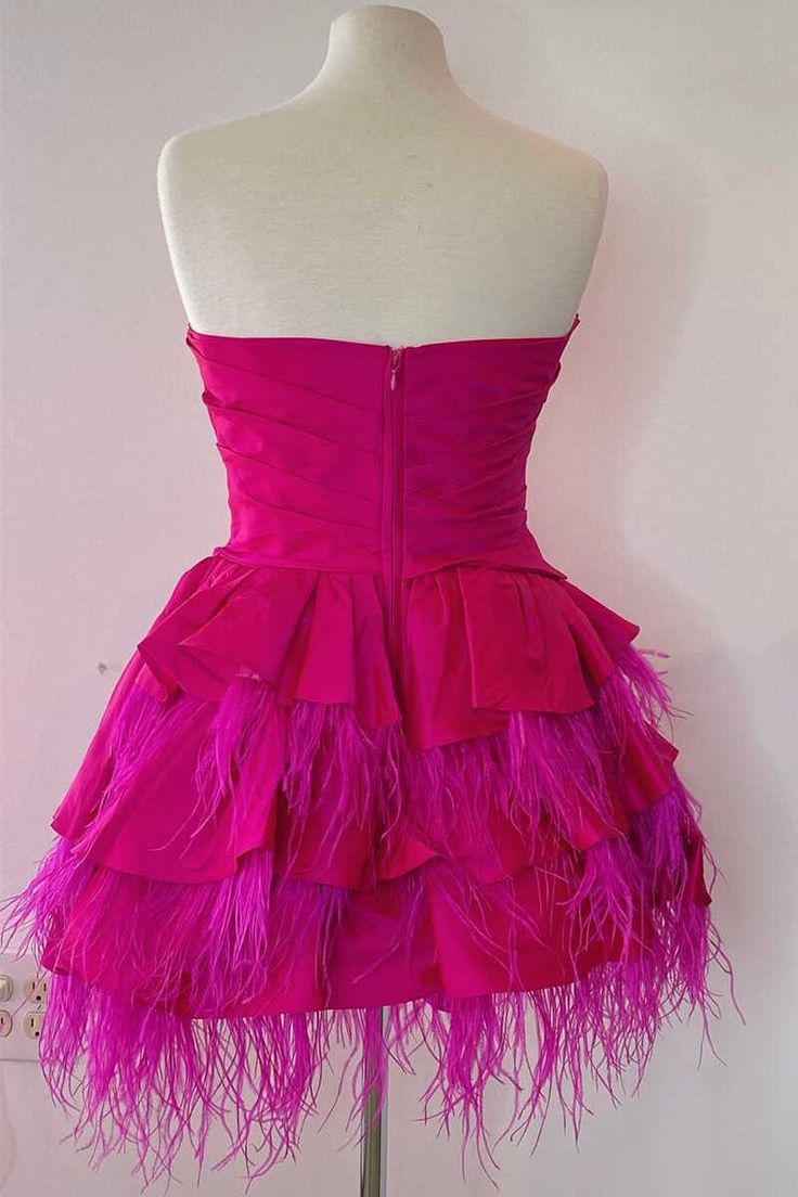 Strapless Satin A-line Multi-Layers Homecoming Dress with Feathers      S3086