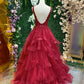 burgundy v neck tulle lace long prom dress, burgundy evening dress      S3344