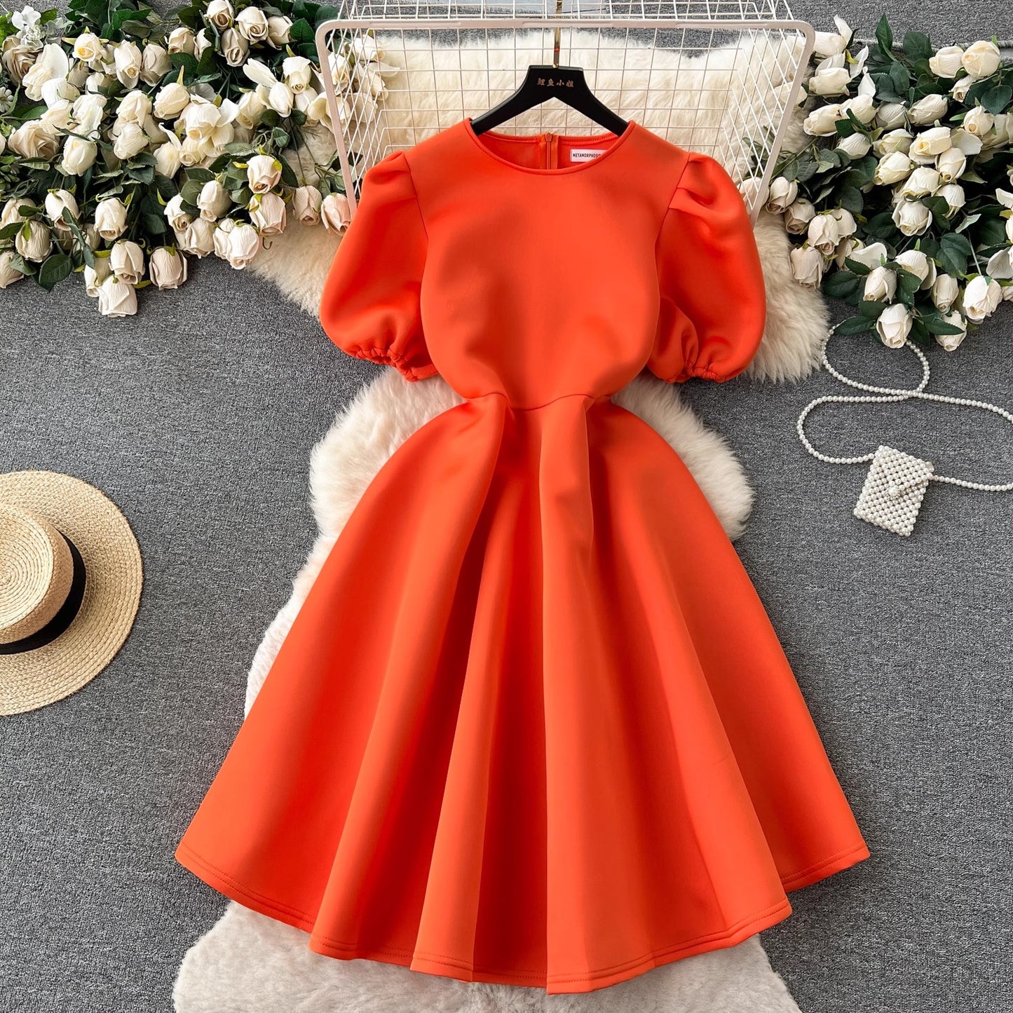 round neck puff sleeve dress for women summer puffy dress      S4603