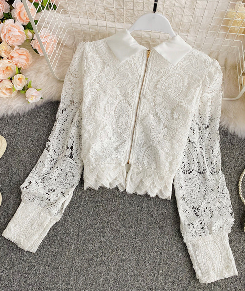 White Hollow Lace Top     S4389