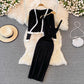 Fashionable v-neck long-sleeved knitted top cardigan two-piece suit mid-length dress     S4238