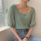 Chiffon puff sleeves square neck cropped knit top     S2829