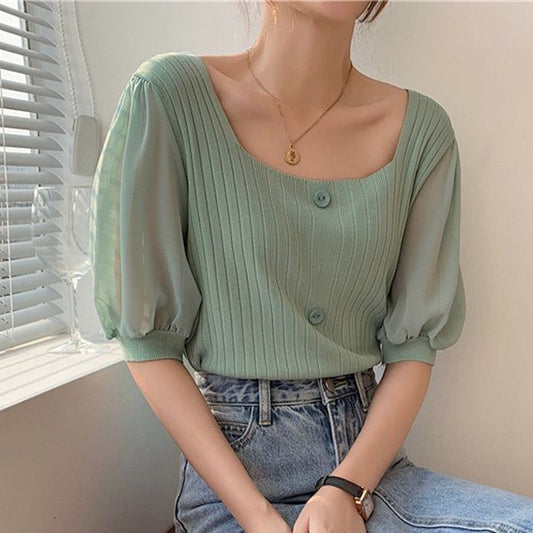 Chiffon puff sleeves square neck cropped knit top     S2829