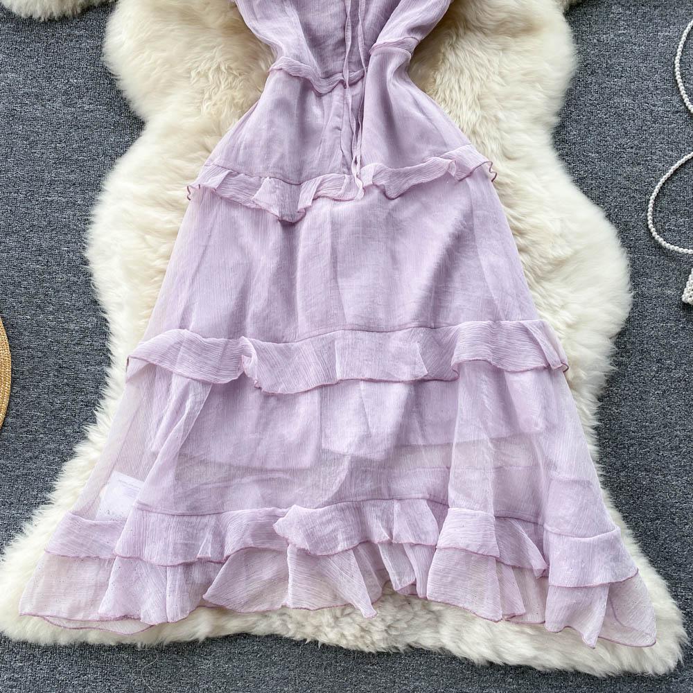 Purple V-neck Ruffled Cake Dress     S4470