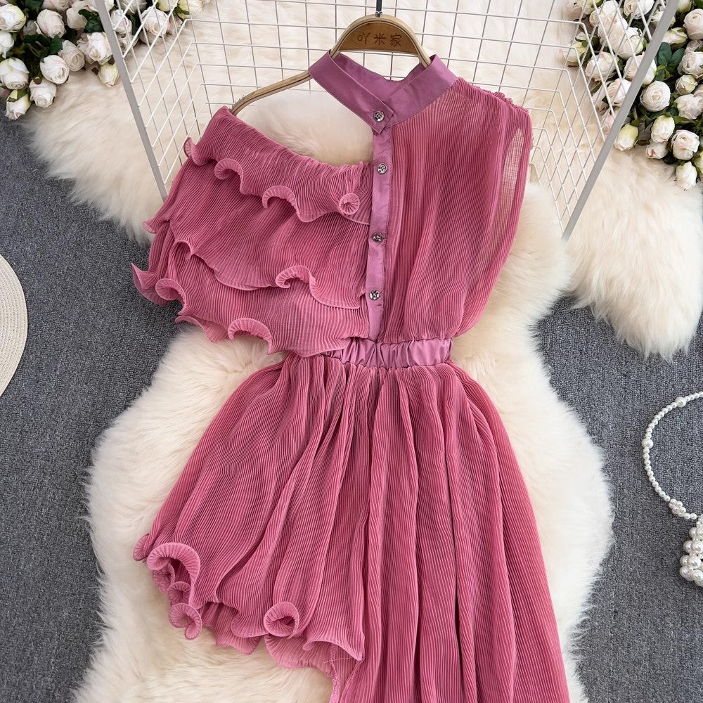 irregular mid-length skirt fashionable a-line pleated dress for women    S4425